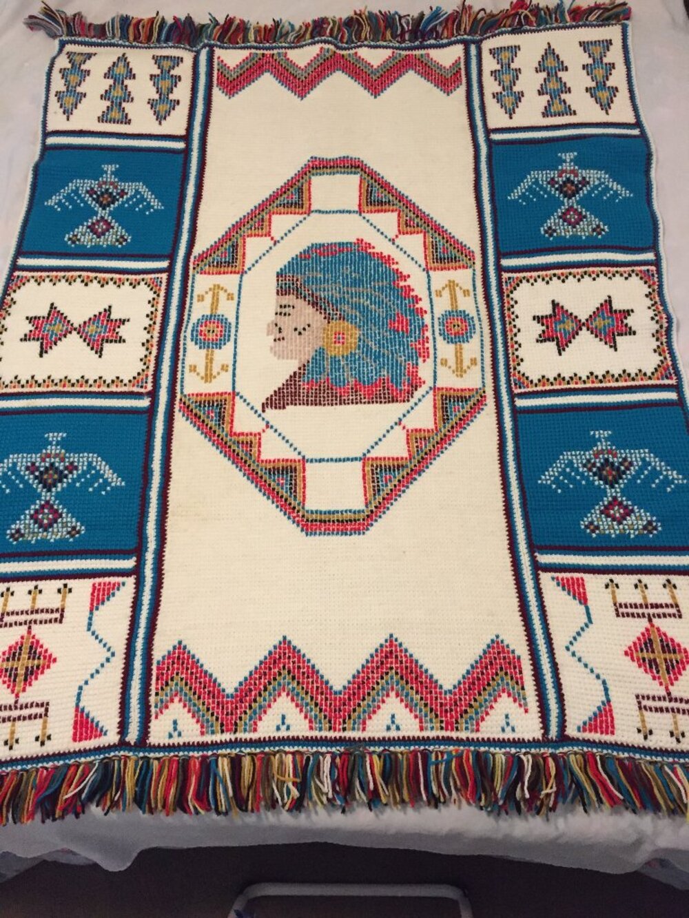 Vintage Crochet Afghan Blanket Indian Chief Medallion Native American 62”x50”